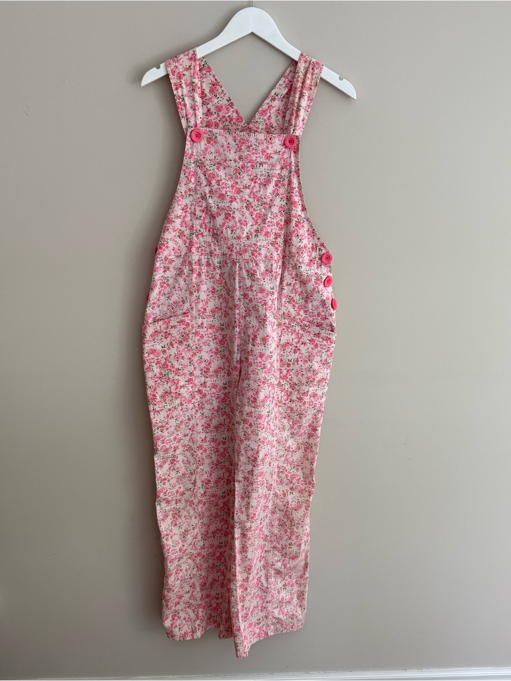 Vintage 80s April Cornell Pink Floral Overalls Cotton Jumper Summer Medium